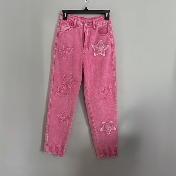 Pink Distressed Star Patched Jeans | SHEIN USA Size XS - Picture 3 of 7